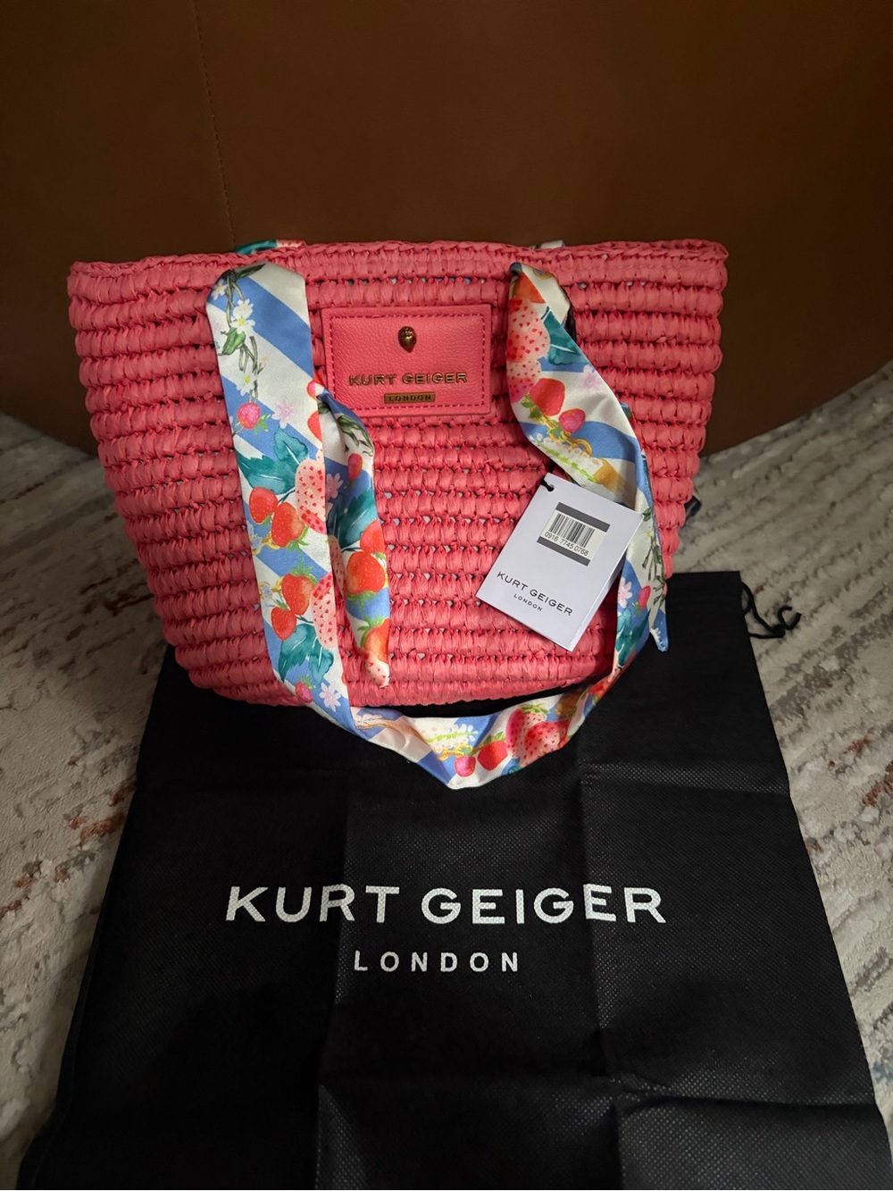 Kurt Geiger pink small scarf raffia tote new with tags